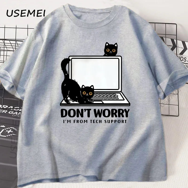 Don't Worry I'm From Tech Support Cat T Shirt Funny Cat T-Shirt Cat Lover Tee  Gift Clothes Summer Cotton Short-sleeve