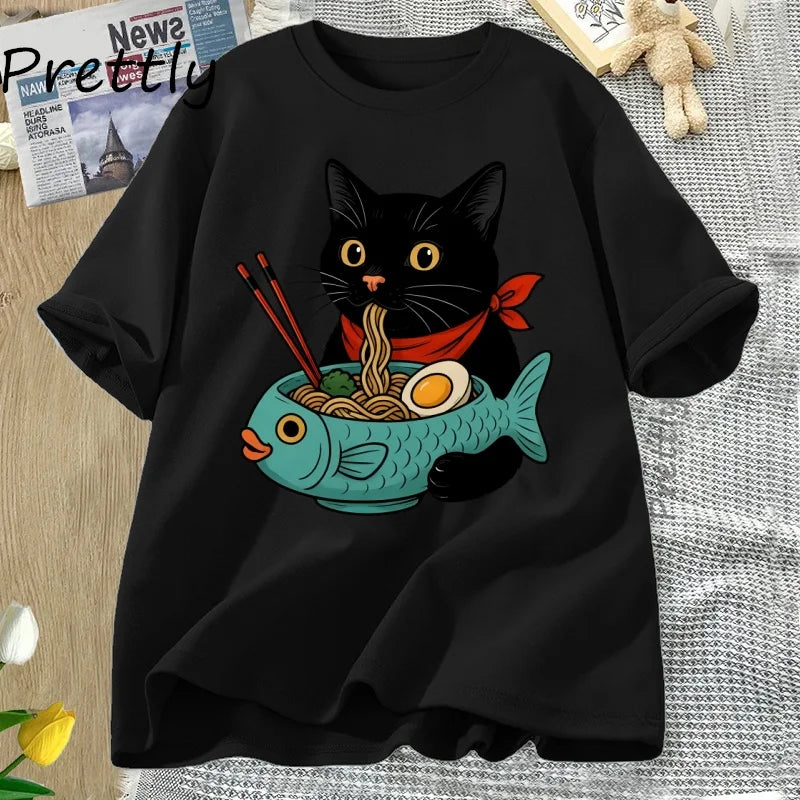 Cat Lover T Shirt Women Men Funny Ramen Cat T-Shirt Noodle Kawaii Japanese Food Cats Tee Casual Short Sleeve Round Neck Clothing