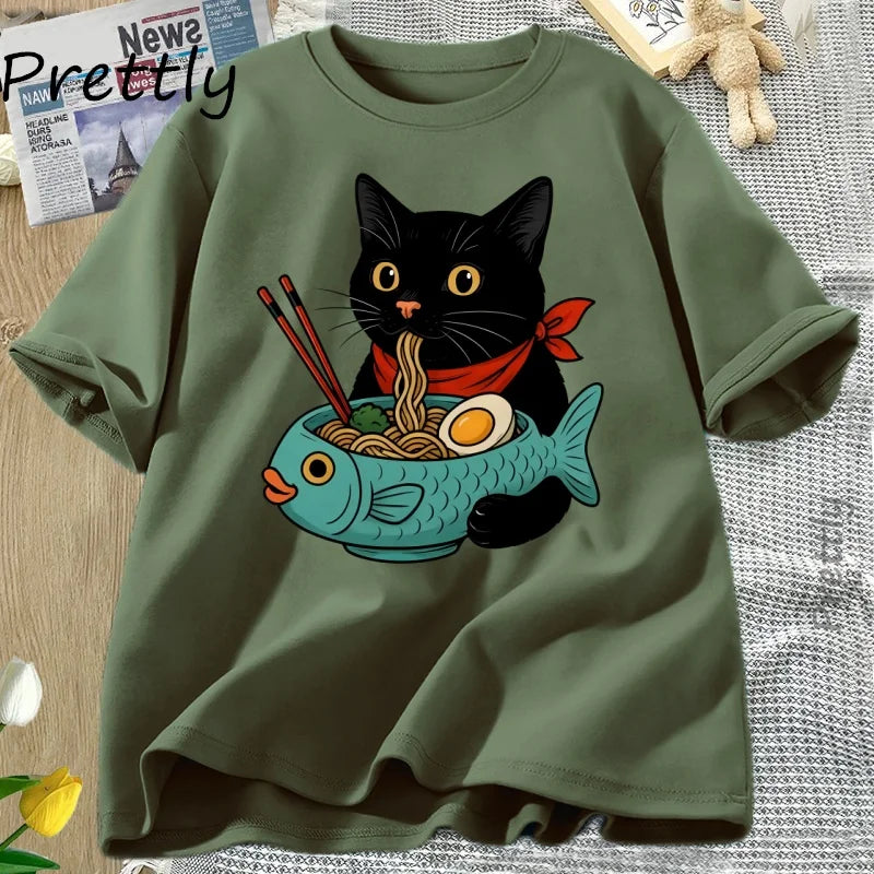 Cat Lover T Shirt Women Men Funny Ramen Cat T-Shirt Noodle Kawaii Japanese Food Cats Tee Casual Short Sleeve Round Neck Clothing