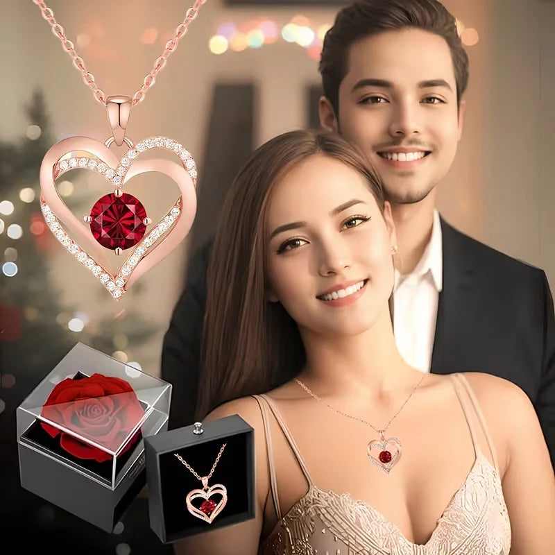 Elegant Artificial Rose Box with Heart Necklace for Wife, Lover, Friend Valentine'S Day Gift, Holiday Present, Christmas Gift
