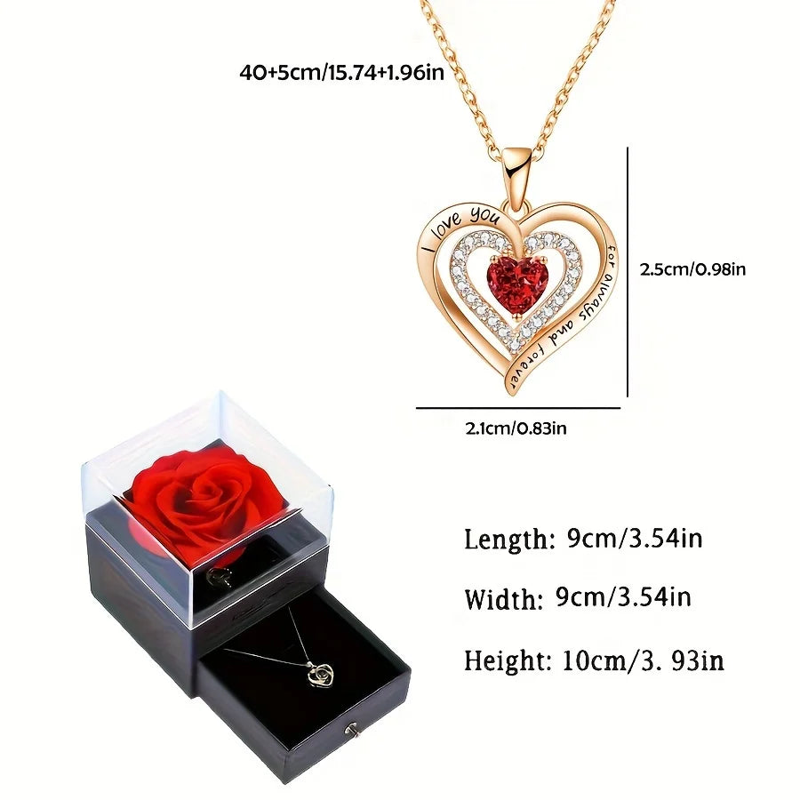 Elegant Artificial Rose Box with Heart Necklace for Wife, Lover, Friend Valentine'S Day Gift, Holiday Present, Christmas Gift