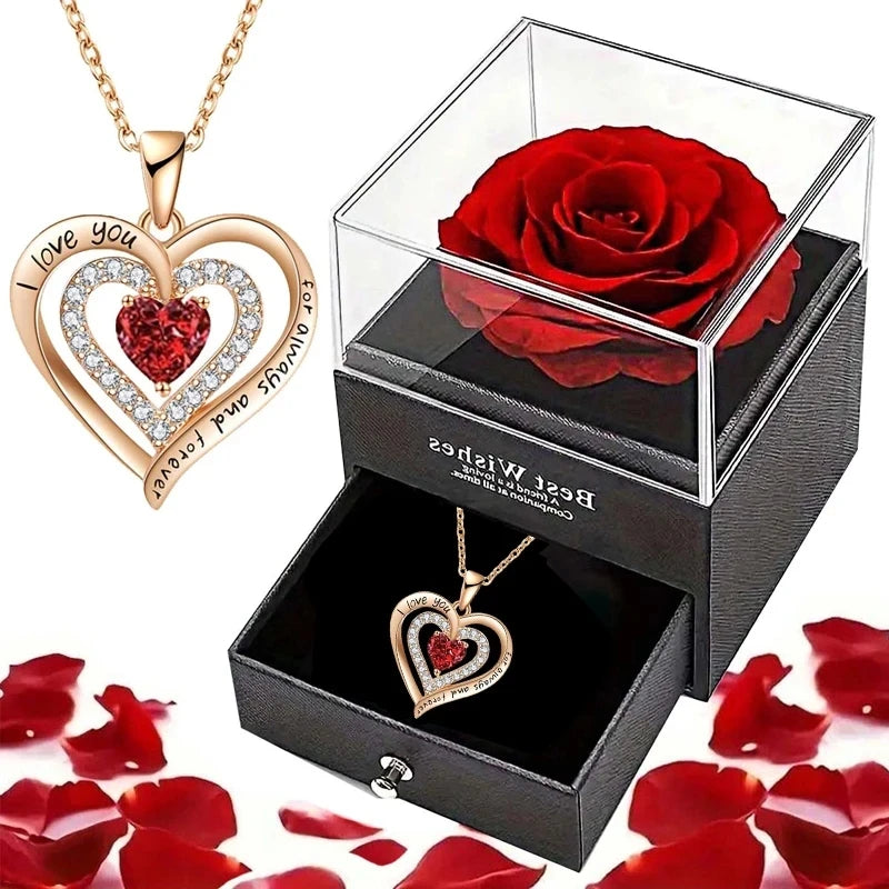 Elegant Artificial Rose Box with Heart Necklace for Wife, Lover, Friend Valentine'S Day Gift, Holiday Present, Christmas Gift