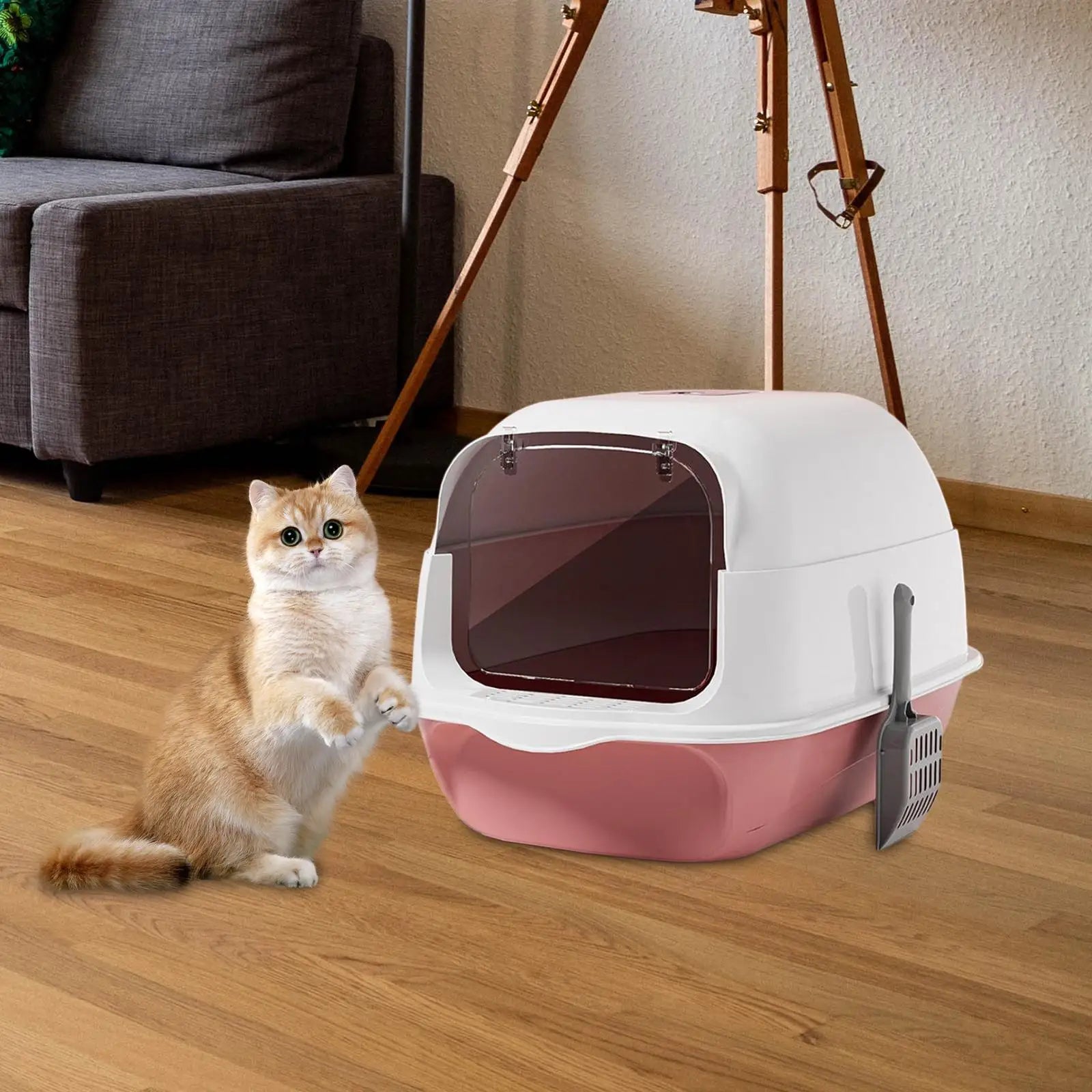 Hooded Cat Litter Box with Lid Large Capacity Cat Toilet with Front Door Flap Removable Large Reusable Sandbox Kitty Litter Tray