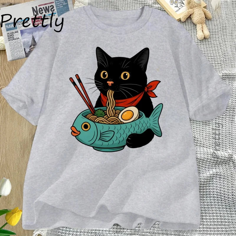Cat Lover T Shirt Women Men Funny Ramen Cat T-Shirt Noodle Kawaii Japanese Food Cats Tee Casual Short Sleeve Round Neck Clothing