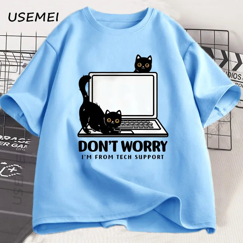 Don't Worry I'm From Tech Support Cat T Shirt Funny Cat T-Shirt Cat Lover Tee  Gift Clothes Summer Cotton Short-sleeve