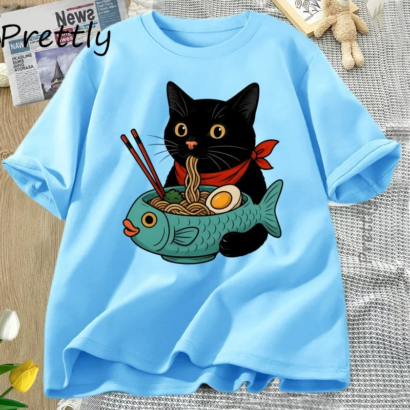 Cat Lover T Shirt Women Men Funny Ramen Cat T-Shirt Noodle Kawaii Japanese Food Cats Tee Casual Short Sleeve Round Neck Clothing