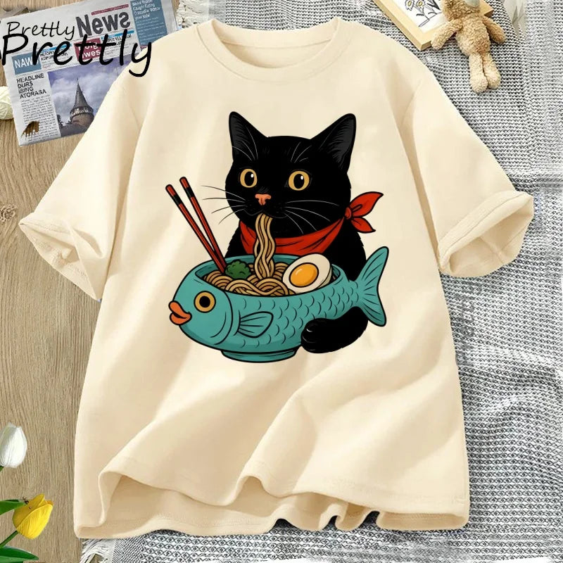 Cat Lover T Shirt Women Men Funny Ramen Cat T-Shirt Noodle Kawaii Japanese Food Cats Tee Casual Short Sleeve Round Neck Clothing