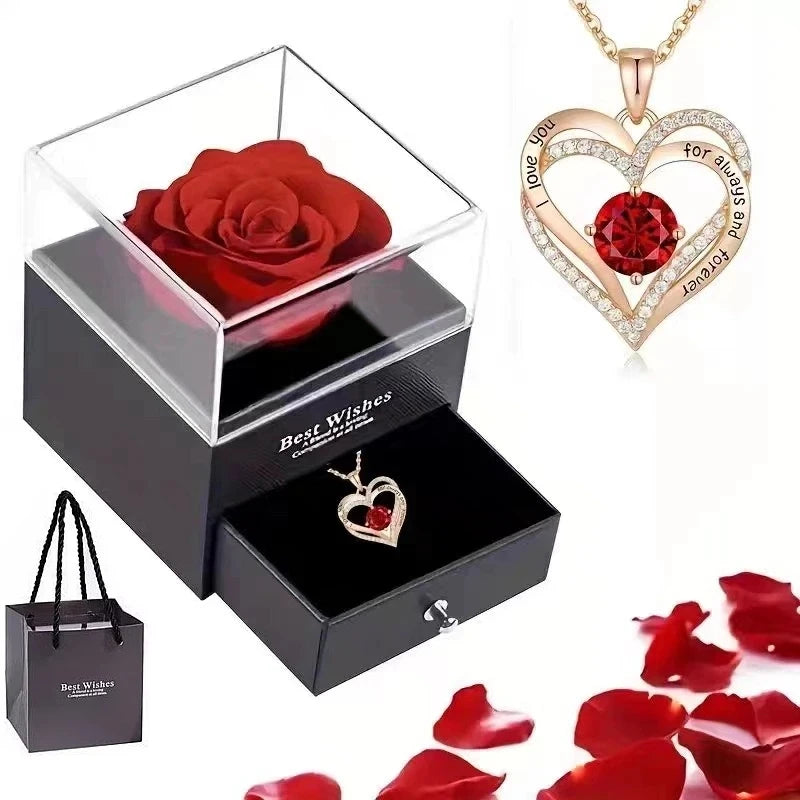 Elegant Artificial Rose Box with Heart Necklace for Wife, Lover, Friend Valentine'S Day Gift, Holiday Present, Christmas Gift