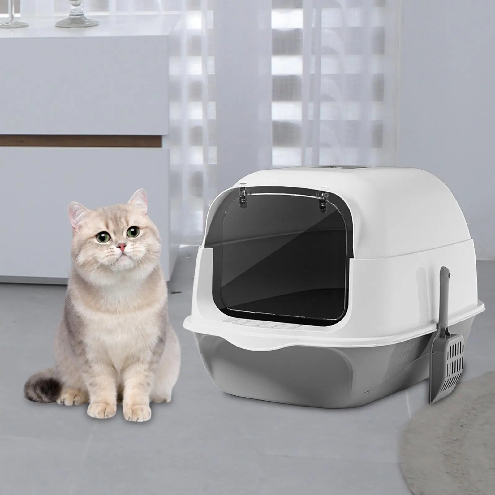 Hooded Cat Litter Box with Lid Large Capacity Cat Toilet with Front Door Flap Removable Large Reusable Sandbox Kitty Litter Tray
