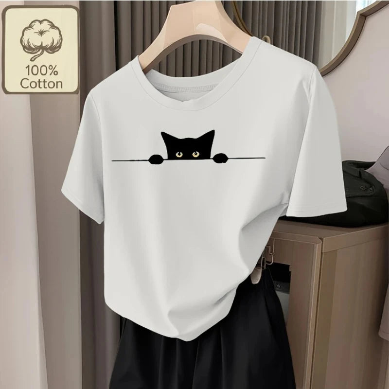Cotton Breathable Children's T-shirt 2026 Summer New Fun Black Cat Peeping Print Casual Parent-child Outfit for Boys and Girls