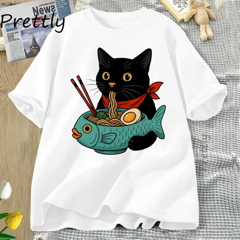 Cat Lover T Shirt Women Men Funny Ramen Cat T-Shirt Noodle Kawaii Japanese Food Cats Tee Casual Short Sleeve Round Neck Clothing