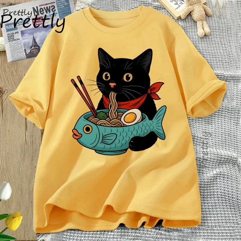 Cat Lover T Shirt Women Men Funny Ramen Cat T-Shirt Noodle Kawaii Japanese Food Cats Tee Casual Short Sleeve Round Neck Clothing