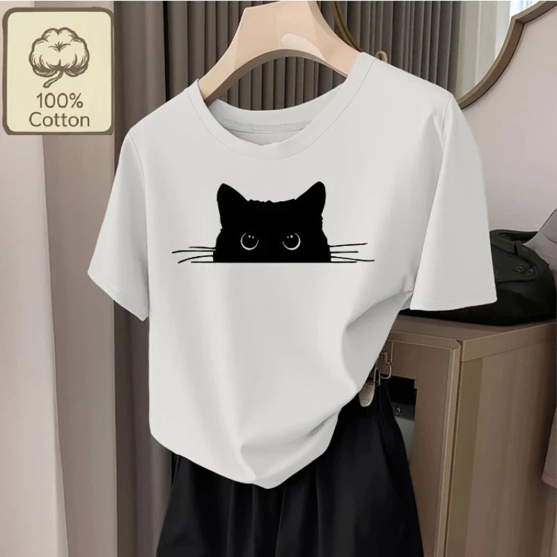Cotton Breathable Children's T-shirt 2026 Summer New Fun Black Cat Peeping Print Casual Parent-child Outfit for Boys and Girls