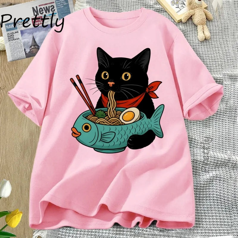 Cat Lover T Shirt Women Men Funny Ramen Cat T-Shirt Noodle Kawaii Japanese Food Cats Tee Casual Short Sleeve Round Neck Clothing
