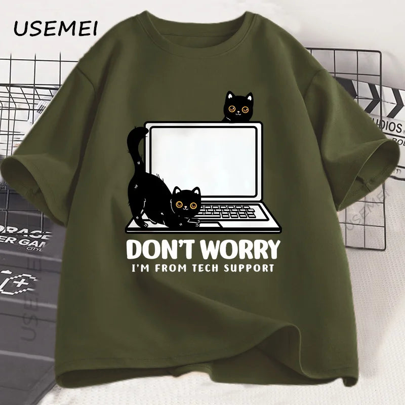 Don't Worry I'm From Tech Support Cat T Shirt Funny Cat T-Shirt Cat Lover Tee  Gift Clothes Summer Cotton Short-sleeve