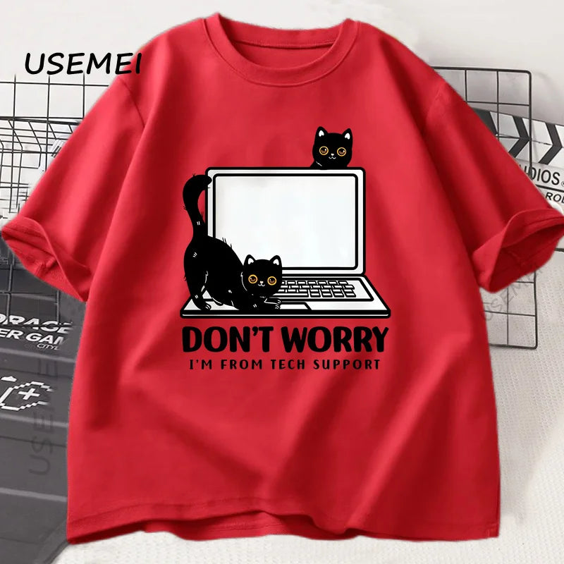 Don't Worry I'm From Tech Support Cat T Shirt Funny Cat T-Shirt Cat Lover Tee  Gift Clothes Summer Cotton Short-sleeve