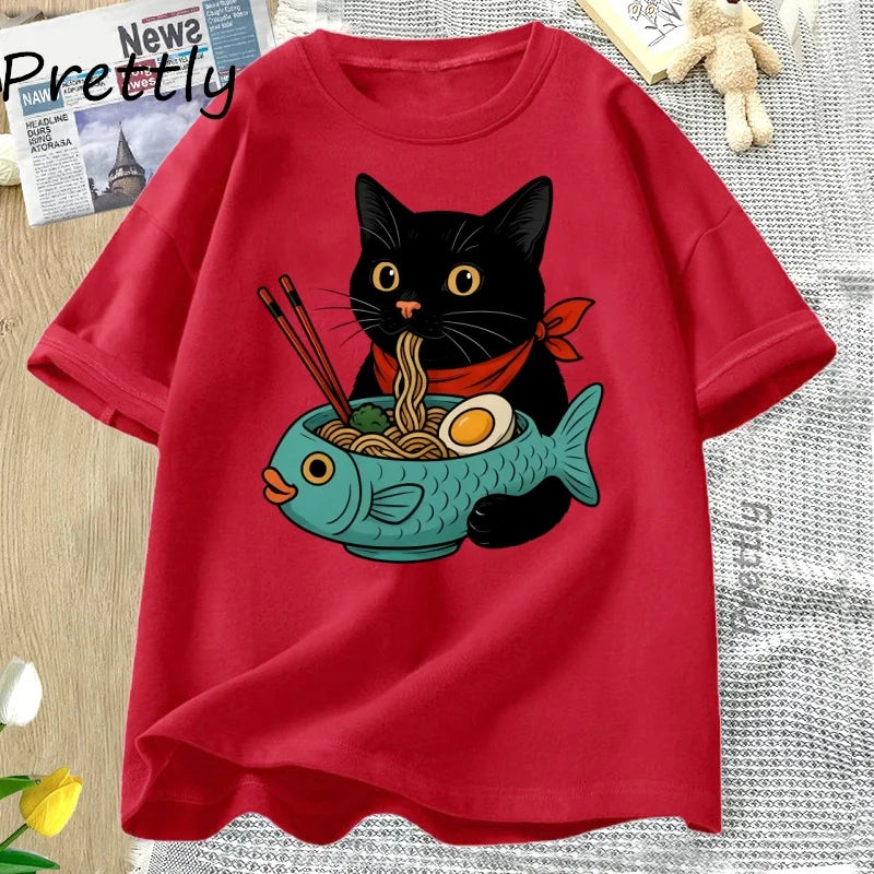 Cat Lover T Shirt Women Men Funny Ramen Cat T-Shirt Noodle Kawaii Japanese Food Cats Tee Casual Short Sleeve Round Neck Clothing